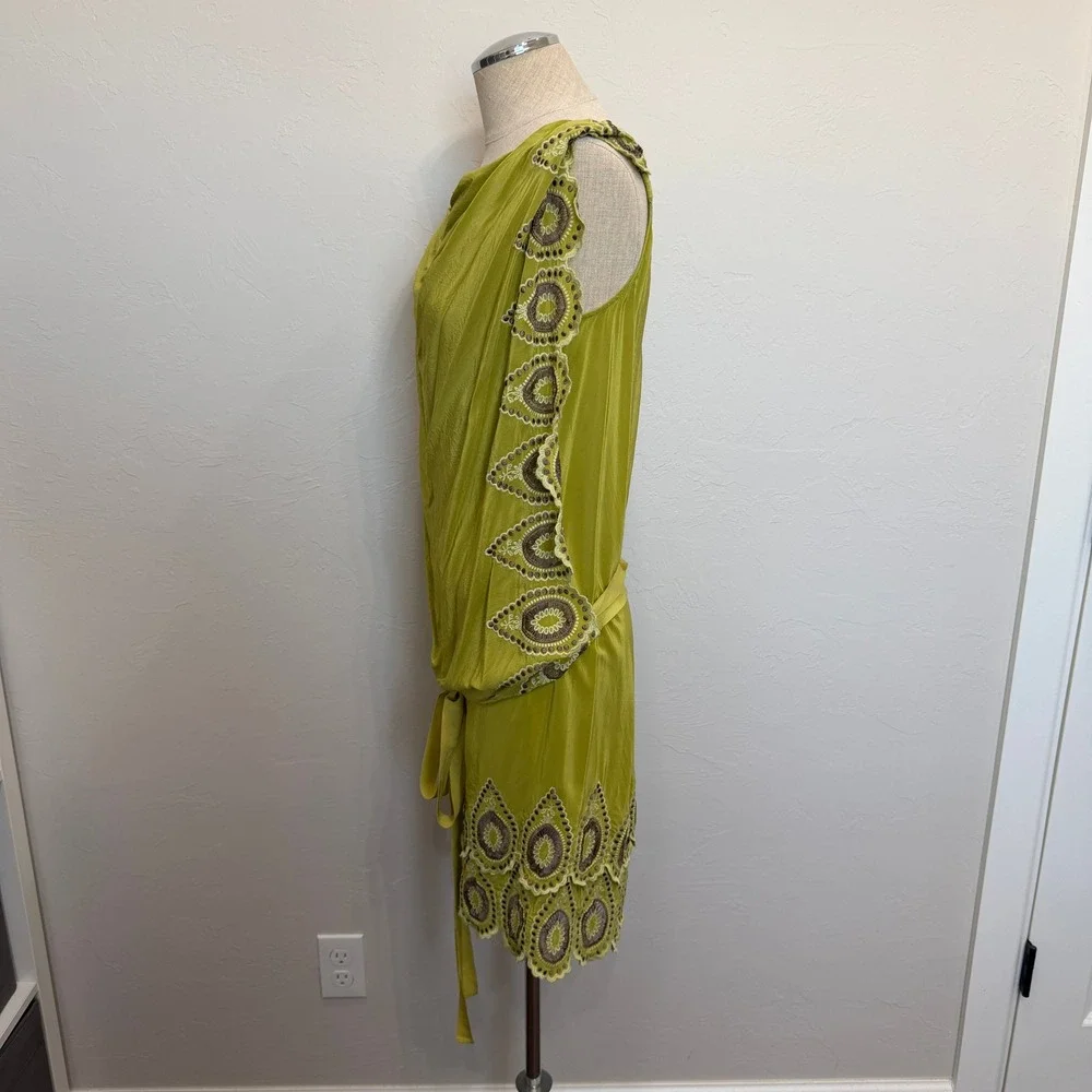 BCBGMAXAZRIA S Runway Silk Dress Chartreuse Green Embroidered Eyelet Luxury